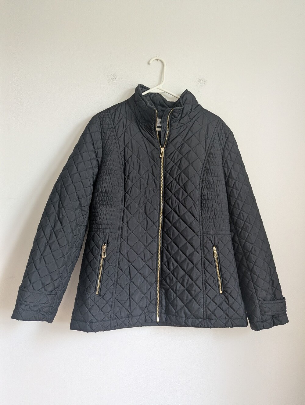 Calvin Klein Black Faux Down Quilted Puffer Jacket Gold Accent Zippers PXL